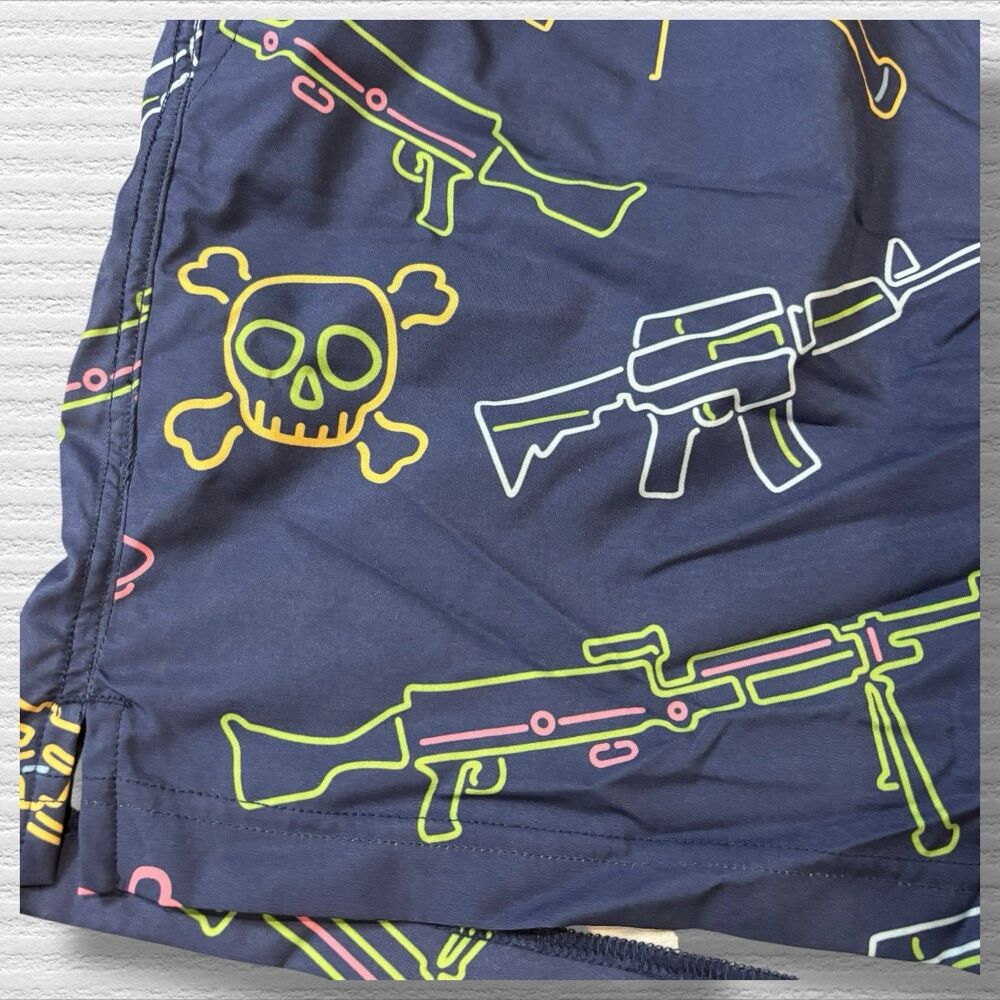 Savage Tacticians Swim Trunks XL Blue Neon Skull Rifle Tactical Board Shorts - Picture 2 of 8